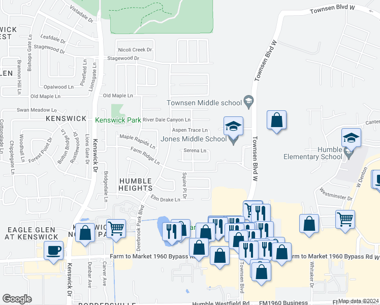 map of restaurants, bars, coffee shops, grocery stores, and more near 20119 Southern Leaf Lane in Humble