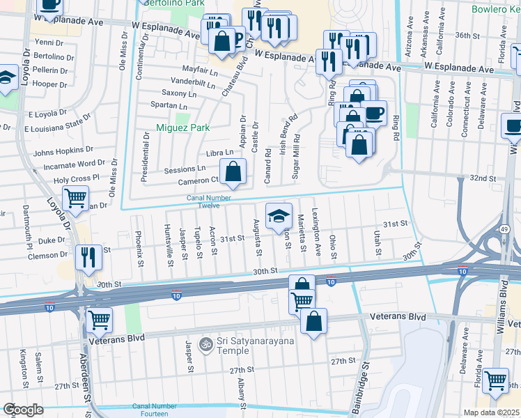 map of restaurants, bars, coffee shops, grocery stores, and more near 3124 Augusta Street in Kenner