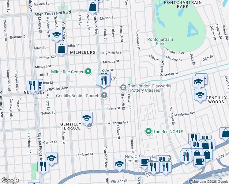 map of restaurants, bars, coffee shops, grocery stores, and more near 2640 Dreux Avenue in New Orleans