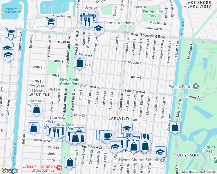 map of restaurants, bars, coffee shops, grocery stores, and more near 515 Filmore Avenue in New Orleans