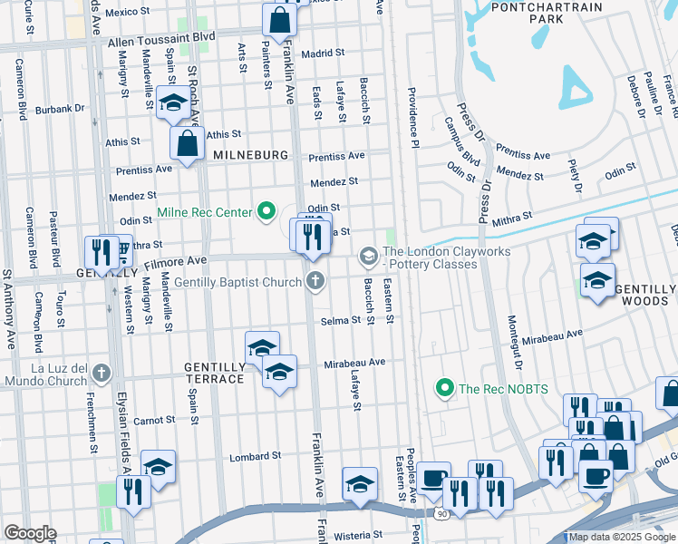 map of restaurants, bars, coffee shops, grocery stores, and more near 2640 Dreux Avenue in New Orleans