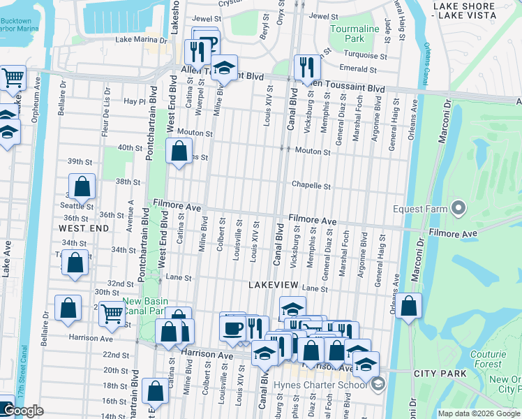 map of restaurants, bars, coffee shops, grocery stores, and more near 610 Filmore Avenue in New Orleans