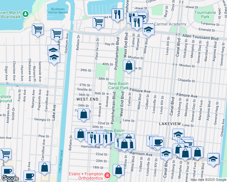 map of restaurants, bars, coffee shops, grocery stores, and more near 106 36th Street in New Orleans