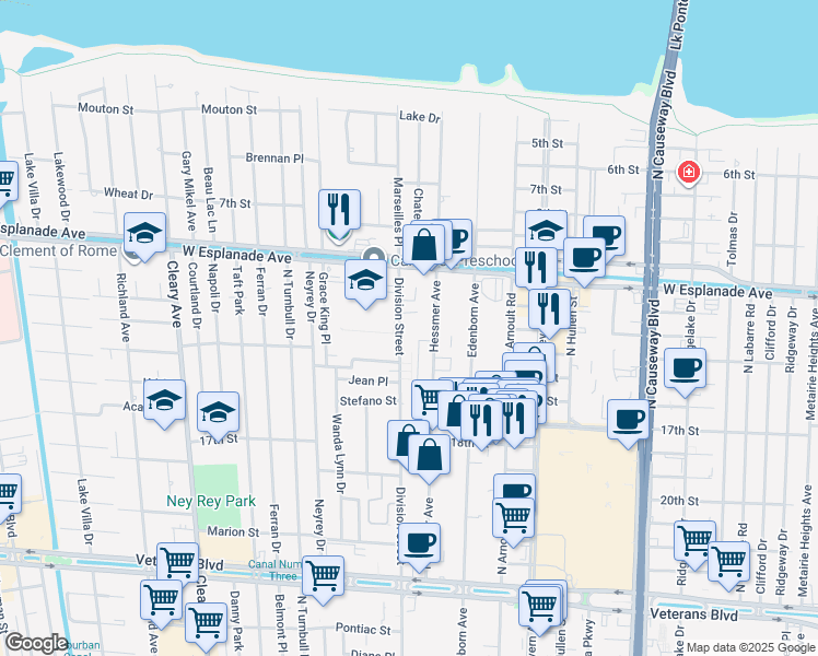 map of restaurants, bars, coffee shops, grocery stores, and more near 4300 Division Street in Metairie
