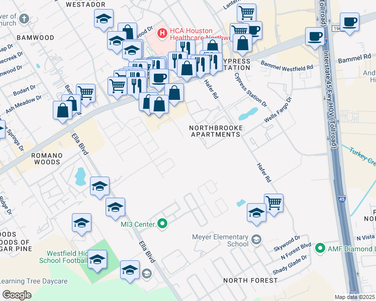 map of restaurants, bars, coffee shops, grocery stores, and more near 17111 Hafer Road in Houston