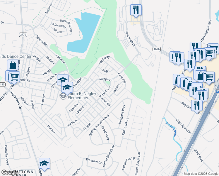 map of restaurants, bars, coffee shops, grocery stores, and more near 4969 Hartson in Kyle