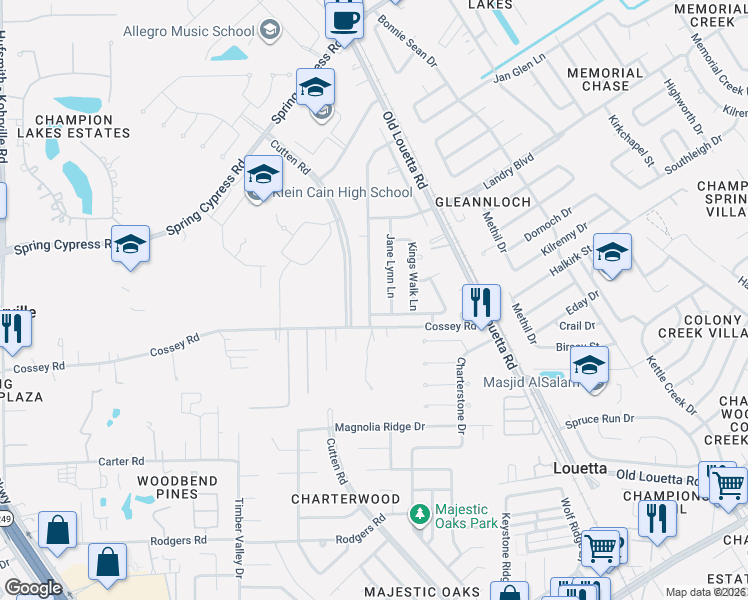 map of restaurants, bars, coffee shops, grocery stores, and more near 10027 Leamington Drive in Houston