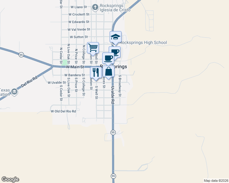 map of restaurants, bars, coffee shops, grocery stores, and more near 500 South Broadway Street in Rocksprings
