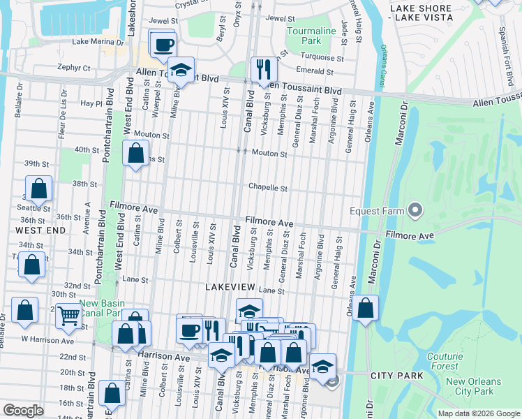 map of restaurants, bars, coffee shops, grocery stores, and more near 6666 Memphis Street in New Orleans