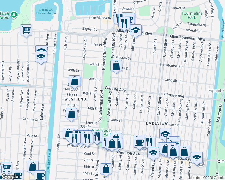 map of restaurants, bars, coffee shops, grocery stores, and more near 6619 West End Boulevard in New Orleans