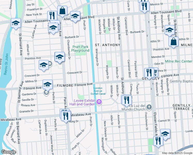 map of restaurants, bars, coffee shops, grocery stores, and more near 5301 Warrington Drive in New Orleans