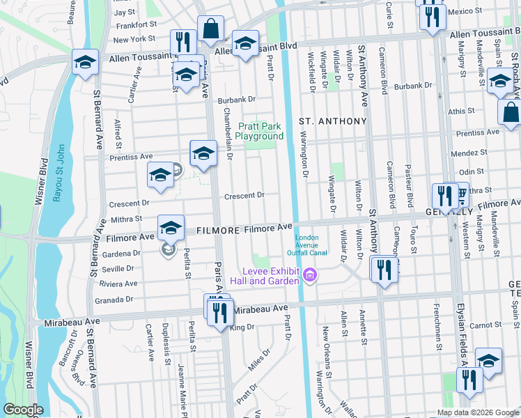map of restaurants, bars, coffee shops, grocery stores, and more near 5350 Charlotte Drive in New Orleans