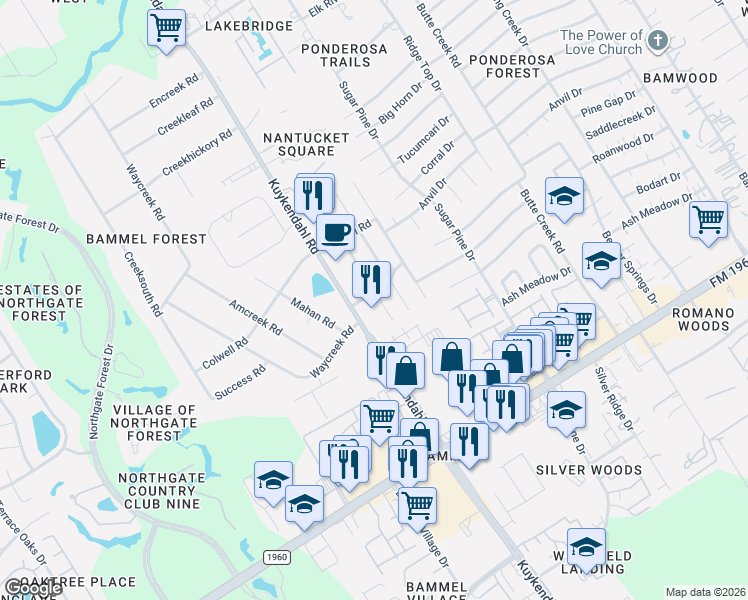 map of restaurants, bars, coffee shops, grocery stores, and more near 17307 Jackson Pines Drive in Houston