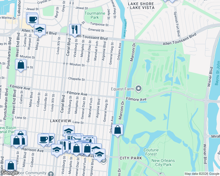 map of restaurants, bars, coffee shops, grocery stores, and more near 969 Filmore Avenue in New Orleans