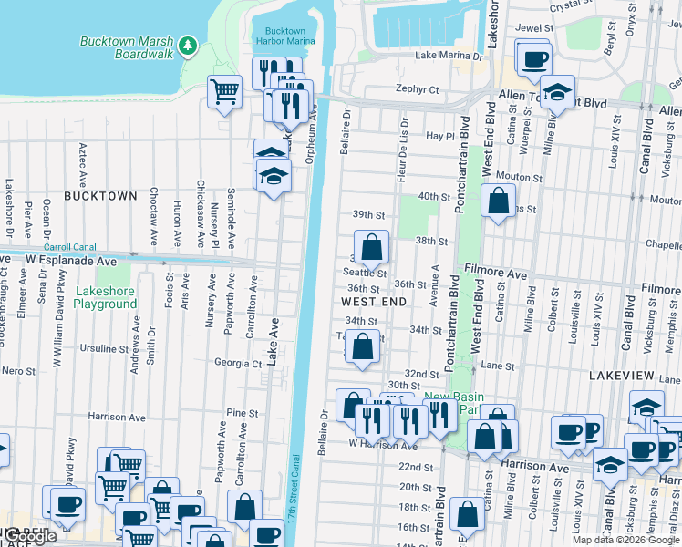 map of restaurants, bars, coffee shops, grocery stores, and more near 6572 Center Street in New Orleans