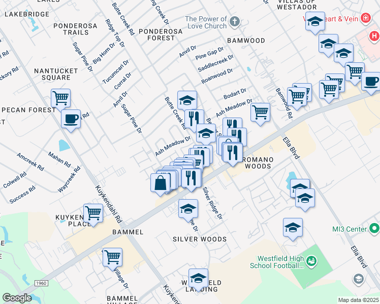 map of restaurants, bars, coffee shops, grocery stores, and more near 17033 Butte Creek Road in Houston