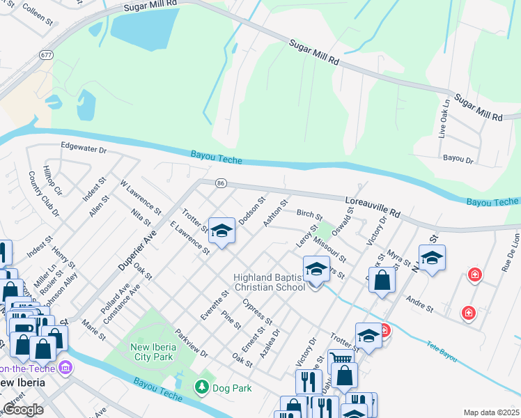 map of restaurants, bars, coffee shops, grocery stores, and more near 308 Loreauville Road in New Iberia