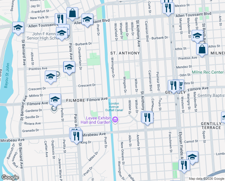 map of restaurants, bars, coffee shops, grocery stores, and more near 5319 Warrington Drive in New Orleans