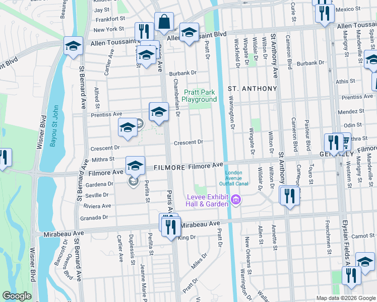 map of restaurants, bars, coffee shops, grocery stores, and more near 5501 Chamberlain Drive in New Orleans
