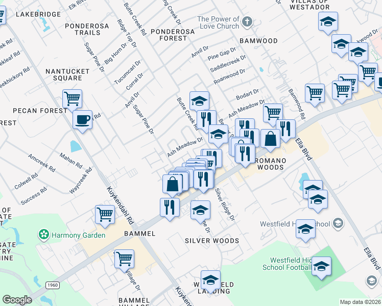 map of restaurants, bars, coffee shops, grocery stores, and more near 1811 Ash Meadow Drive in Houston