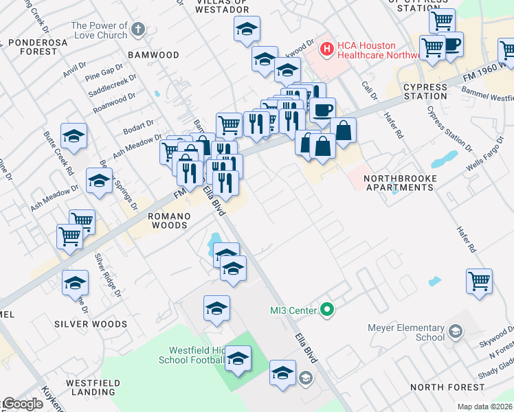 map of restaurants, bars, coffee shops, grocery stores, and more near Nanes Dr in Houston