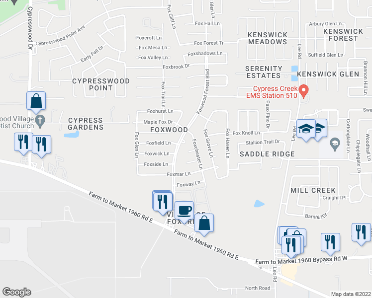 map of restaurants, bars, coffee shops, grocery stores, and more near 7207 Foxwick Lane in Humble
