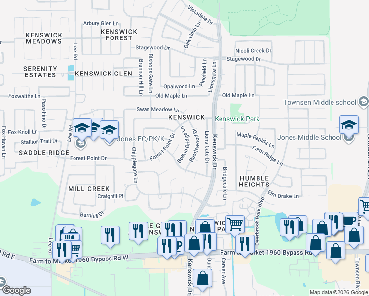 map of restaurants, bars, coffee shops, grocery stores, and more near 19931 Blue Mist Court in Humble
