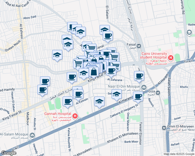 map of restaurants, bars, coffee shops, grocery stores, and more near King Faisal Street in Boulaq Al Dakrour