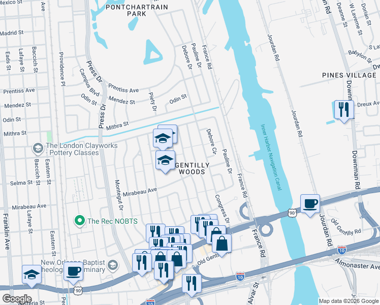 map of restaurants, bars, coffee shops, grocery stores, and more near 5010 Congress Drive in New Orleans