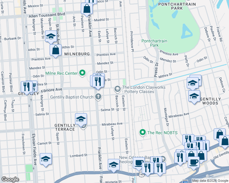 map of restaurants, bars, coffee shops, grocery stores, and more near 2737 Filmore Avenue in New Orleans