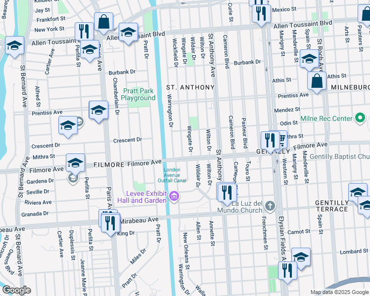 map of restaurants, bars, coffee shops, grocery stores, and more near 5317 Wingate Drive in New Orleans