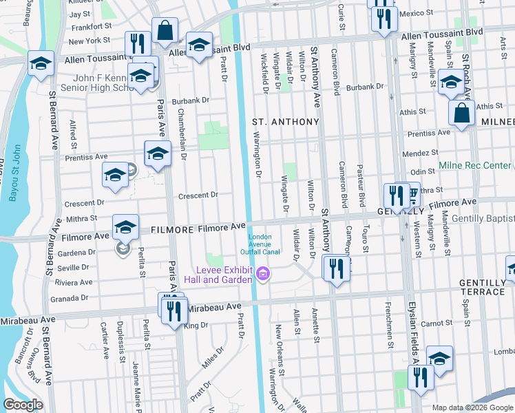 map of restaurants, bars, coffee shops, grocery stores, and more near 5319 Warrington Drive in New Orleans