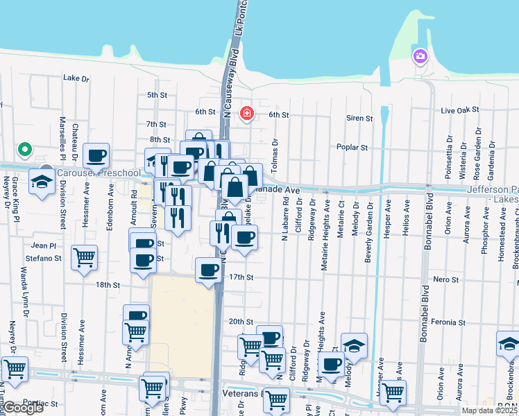 map of restaurants, bars, coffee shops, grocery stores, and more near 3531 Ridgelake Drive in Metairie