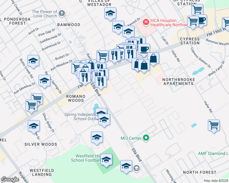 map of restaurants, bars, coffee shops, grocery stores, and more near Nanes Dr in Houston