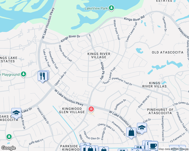map of restaurants, bars, coffee shops, grocery stores, and more near 20414 Water Point Trail in Humble