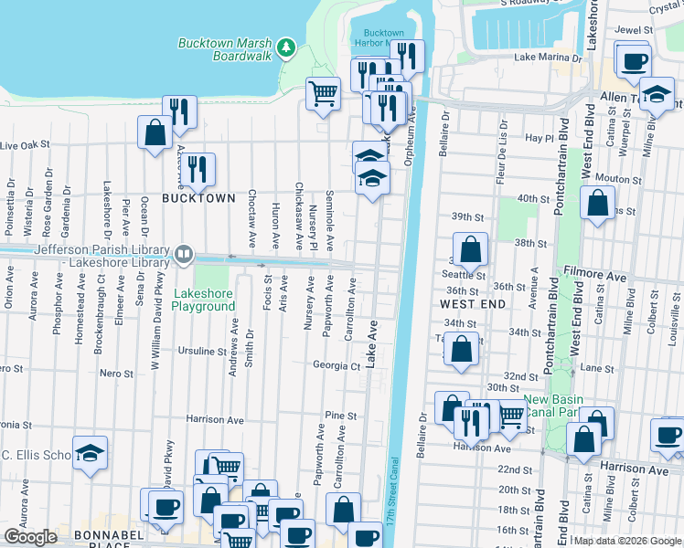 map of restaurants, bars, coffee shops, grocery stores, and more near 239 West Esplanade Avenue in Metairie