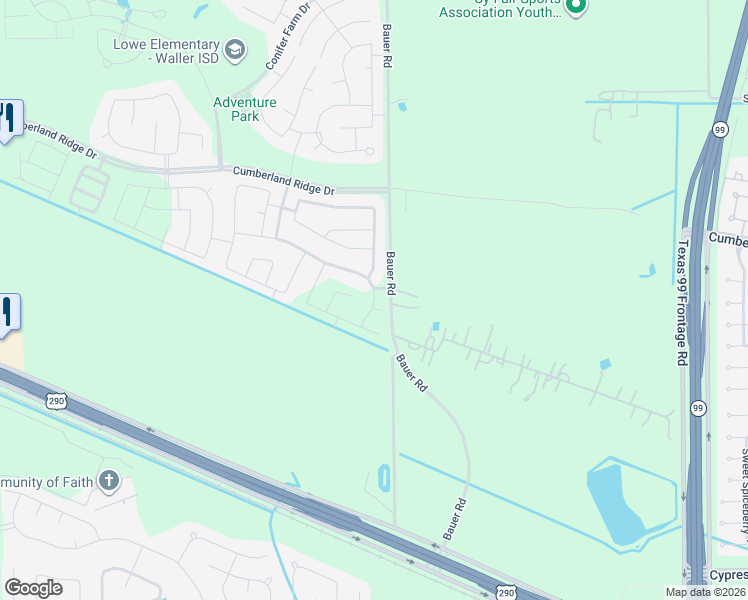 map of restaurants, bars, coffee shops, grocery stores, and more near 16902 Bauer Road in Cypress