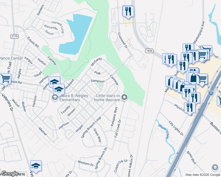 map of restaurants, bars, coffee shops, grocery stores, and more near 301 Skinner in Kyle