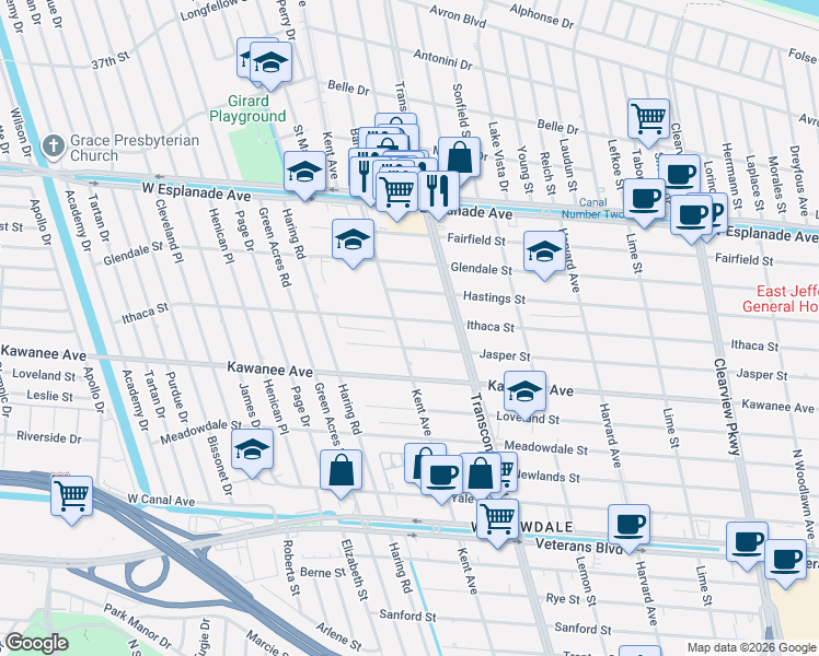 map of restaurants, bars, coffee shops, grocery stores, and more near 4005 Kent Avenue in Metairie