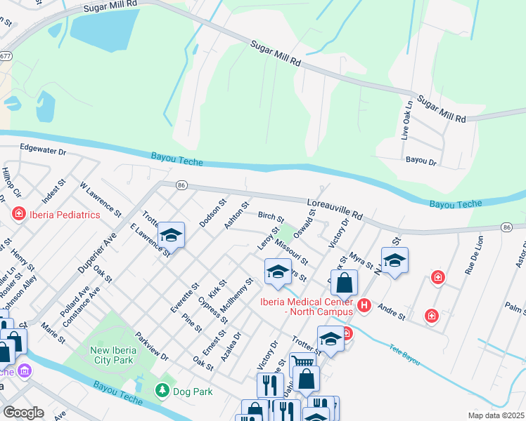 map of restaurants, bars, coffee shops, grocery stores, and more near 500 Loreauville Road in New Iberia