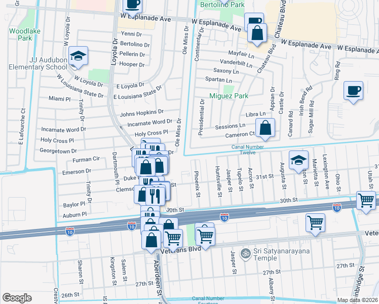 map of restaurants, bars, coffee shops, grocery stores, and more near 3208 Ole Miss Drive in Kenner