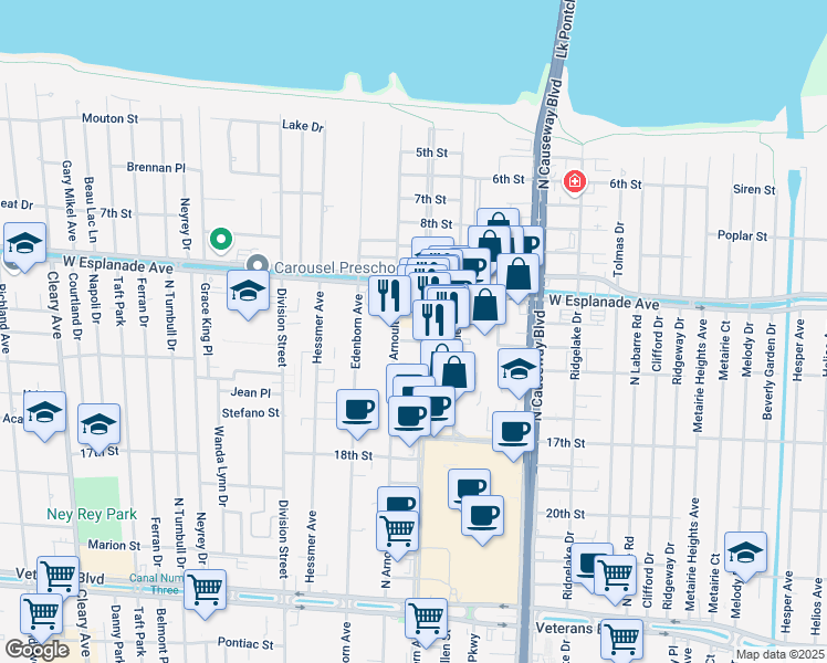 map of restaurants, bars, coffee shops, grocery stores, and more near 3535 Severn Avenue in Metairie
