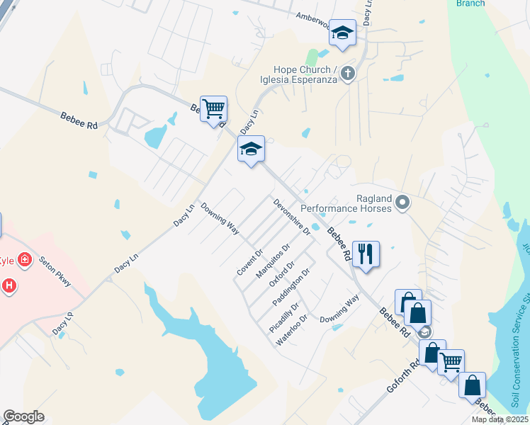 map of restaurants, bars, coffee shops, grocery stores, and more near 172 Bloomsbury Drive in Kyle
