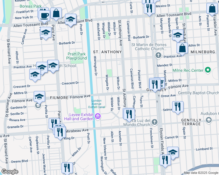 map of restaurants, bars, coffee shops, grocery stores, and more near 5309 Wingate Drive in New Orleans