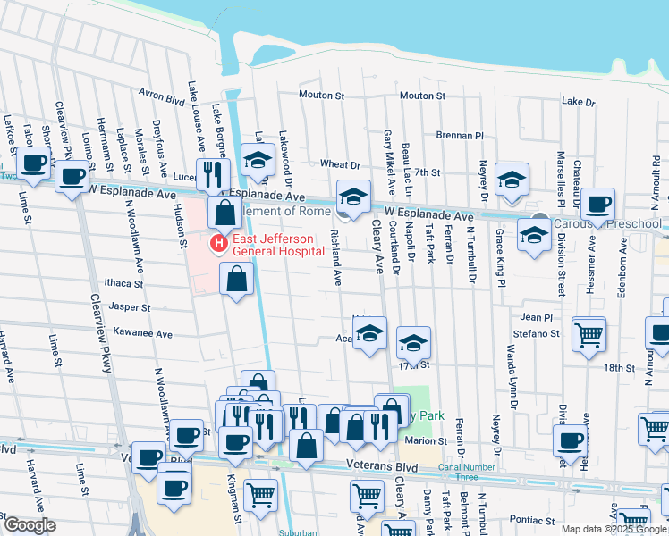 map of restaurants, bars, coffee shops, grocery stores, and more near 4209 Richland Avenue in Metairie