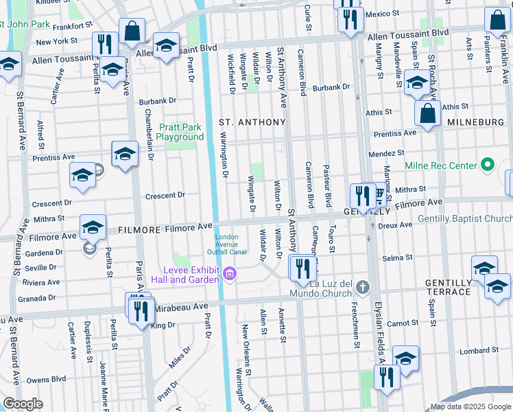 map of restaurants, bars, coffee shops, grocery stores, and more near 5309 Wingate Drive in New Orleans