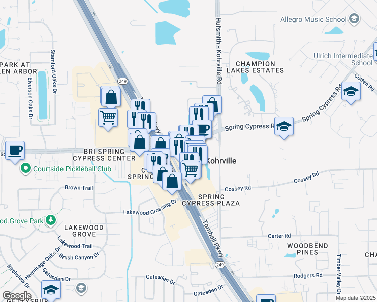 map of restaurants, bars, coffee shops, grocery stores, and more near 22548 Texas 249 Access Road in Houston
