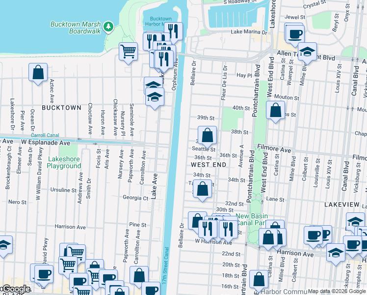 map of restaurants, bars, coffee shops, grocery stores, and more near 6644 Bellaire Drive in New Orleans