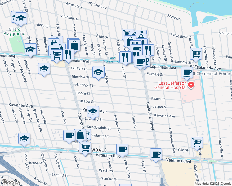 map of restaurants, bars, coffee shops, grocery stores, and more near in Metairie
