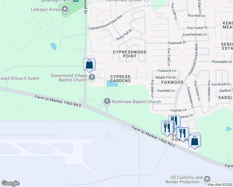map of restaurants, bars, coffee shops, grocery stores, and more near 6416 Maple Drive in Humble